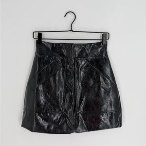 Aknvas Cherry Metallic Faux Leather A Line Side Flap Pockets Black Miniskirt